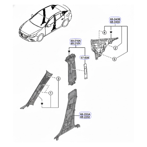 MOLDURA POSTE PUERTA MAZDA 3 2013 AL 2019 INT DEL DER ORIGINAL COD. BHN9-68160