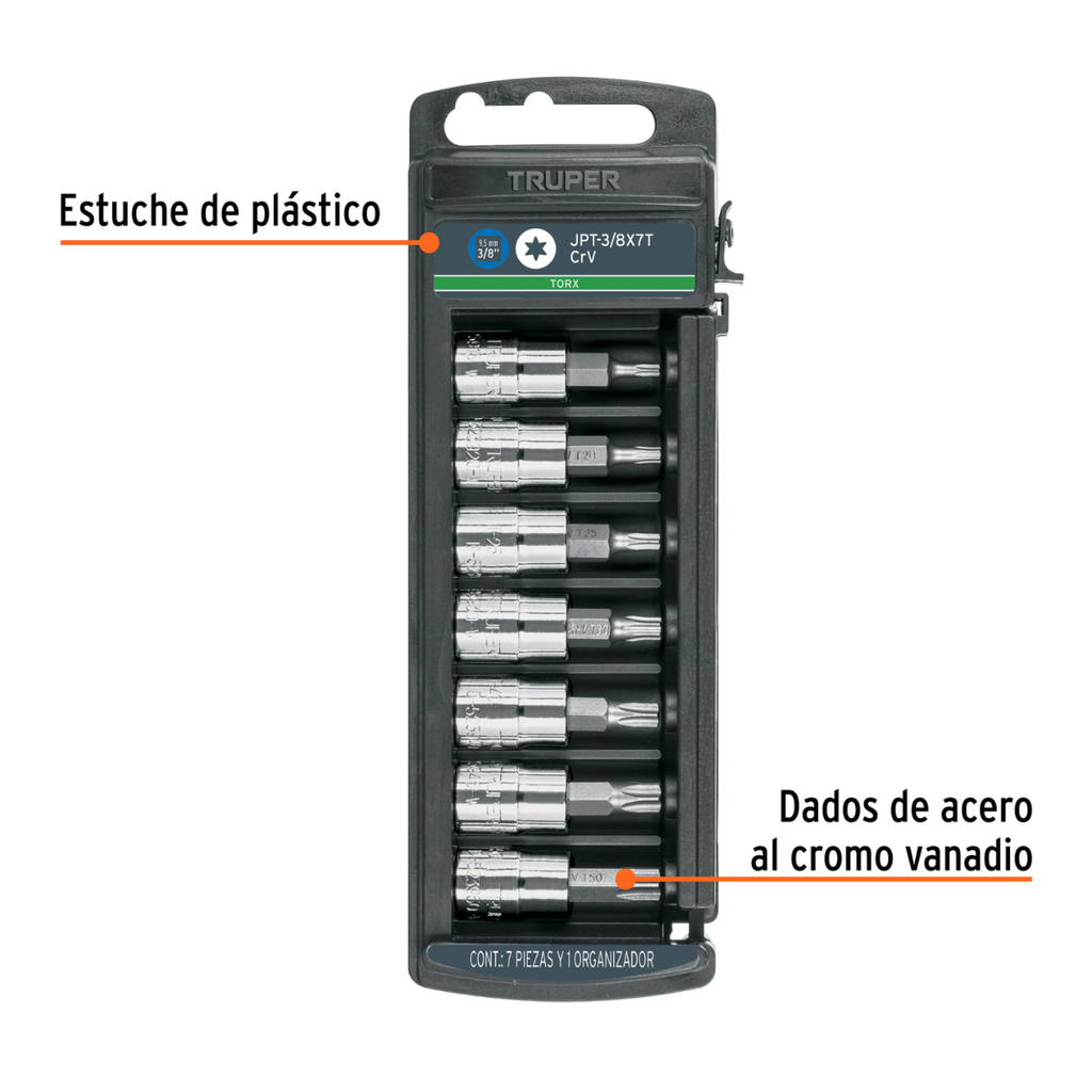 JUEGO DE DADOS PUNTA TORX 3/8" 7 PZAS TRUPER COD. 14171