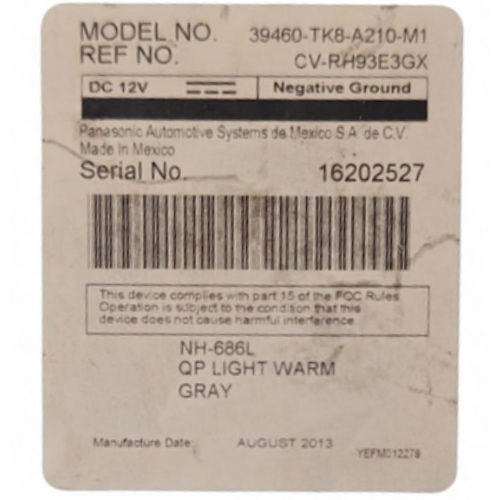 REPRODUCTOR (ESTEREO) HONDA ODYSSEY 2014 AL 2017 GRIS CLARO ENTRETENIMIENTO SECC CENT TRAS DESMONTADO ORIGINAL COD. 39460-TK8-A210-M1