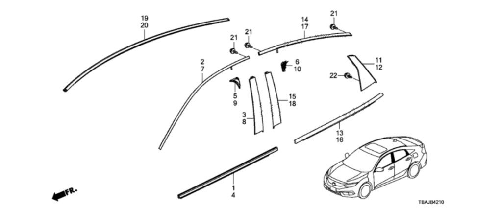 MOLDURA (CAÑUELA) PTA HONDA CIVIC 2016 AL 2021 DEL DER ORIGINAL COD. 72410-TBA-A01