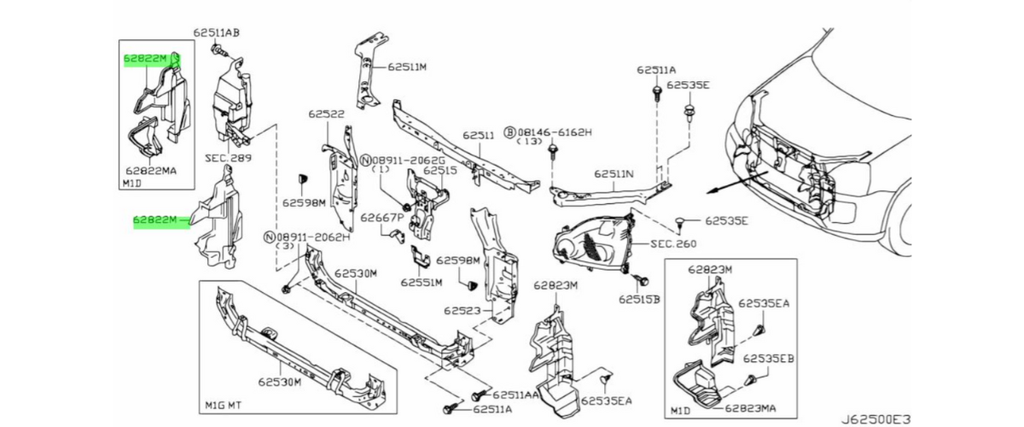 TOLVA DEFLECTOR DE AIRE NISSAN XTRAIL 2001 AL 2014 DER D. PATA ROTA ORIGINAL COD. 62822-3UB0A