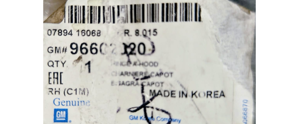 BISAGRA COFRE PONTIAC MATIZ 2006 AL 2015 DER ORIGINAL COD. 96602020