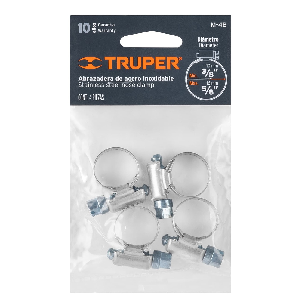 ABRAZADERA 4 DE ACERO INOXIDABLE BLISTER 4 PZ TRUPER COD. 10021 M-4B (160587)