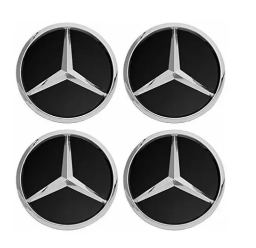 TAPON RIN CENTRO MERCEDES BENZ  75MM NEG/CROM LISO JGO 4 PZAS N2