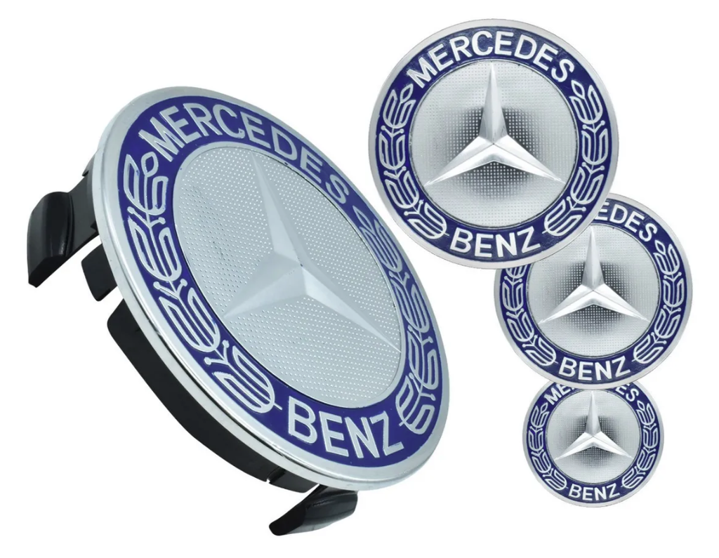 TAPON RIN CENTRO MERCEDES BENZ  75MM CROM/AZUL JGO 4 PZAS N2