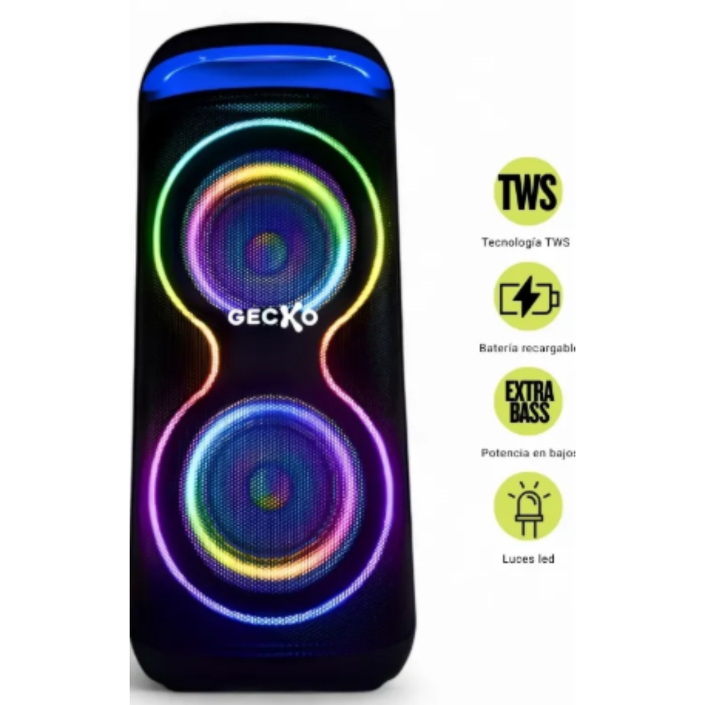 BOCINA PORTATIL 24.21″ X 11.57″ GECKO 10 000W C/PANEL ILUMINADO NEG S/EMPAQUE NUEVO